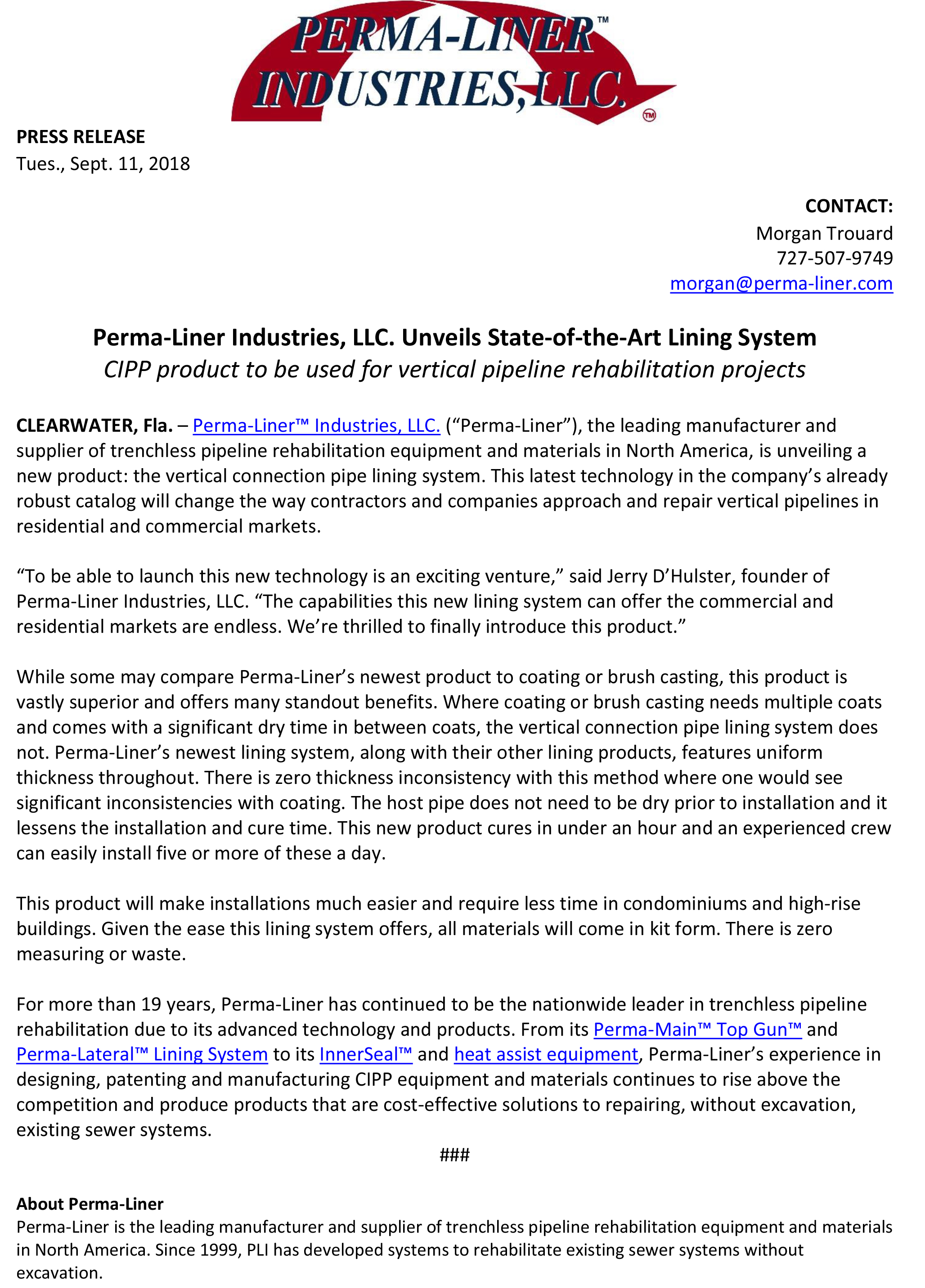 PERMA-LINER INDUSTRIES, LLC. UNVEILS STATE-OF-THE-ART LINING SYSTEM